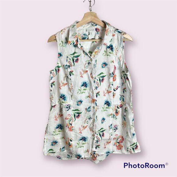 J. Jill Women's MP Petite Medium 100% Linen White Floral Sleeveless Tunic Blouse - Picture 1 of 9